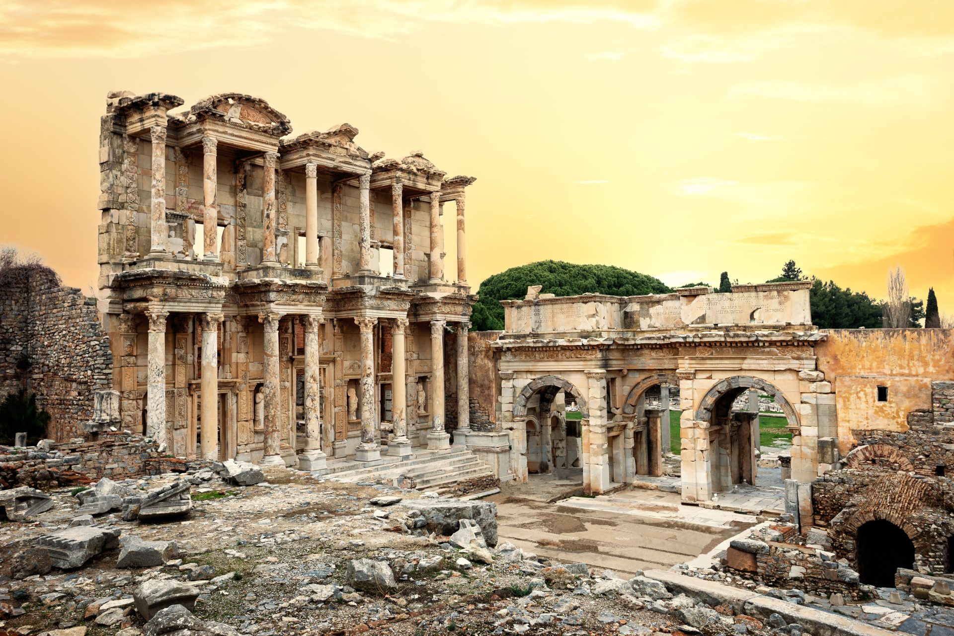 library of celsus in ephesus under yellow sky 2022 09 26 23 08 08 utc